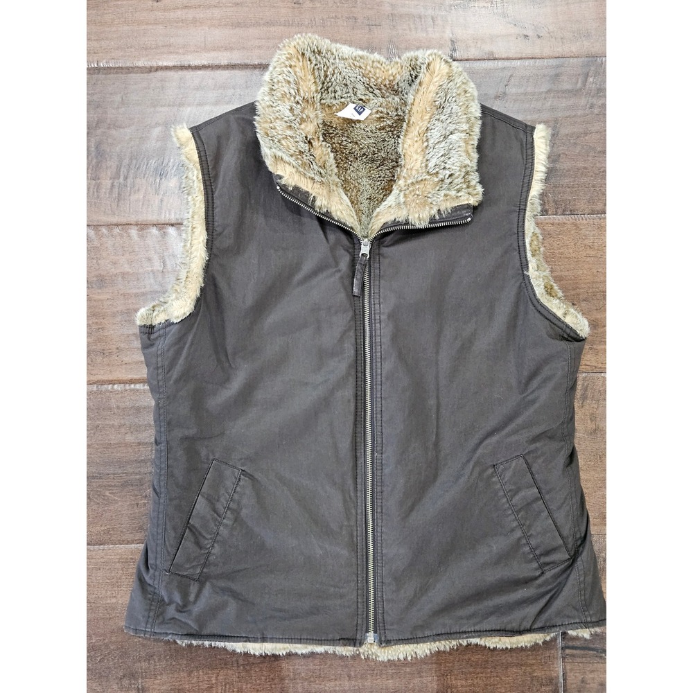 Y2k VTG Boho Rustic Gap Womens Reversible Faux Fur Vest Brown Full Zip L - Picture 6 of 8